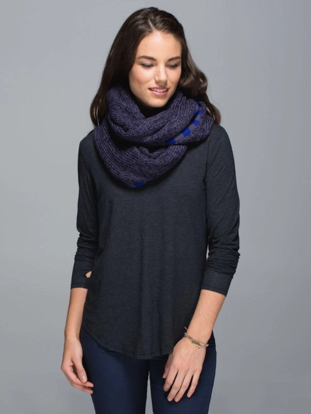 Lululemon Blissed Out Merino Wool Circle Scarf Black Grape Pigment Blue Stripe